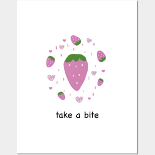 Cute strawberry and hearts with take a bite text Posters and Art